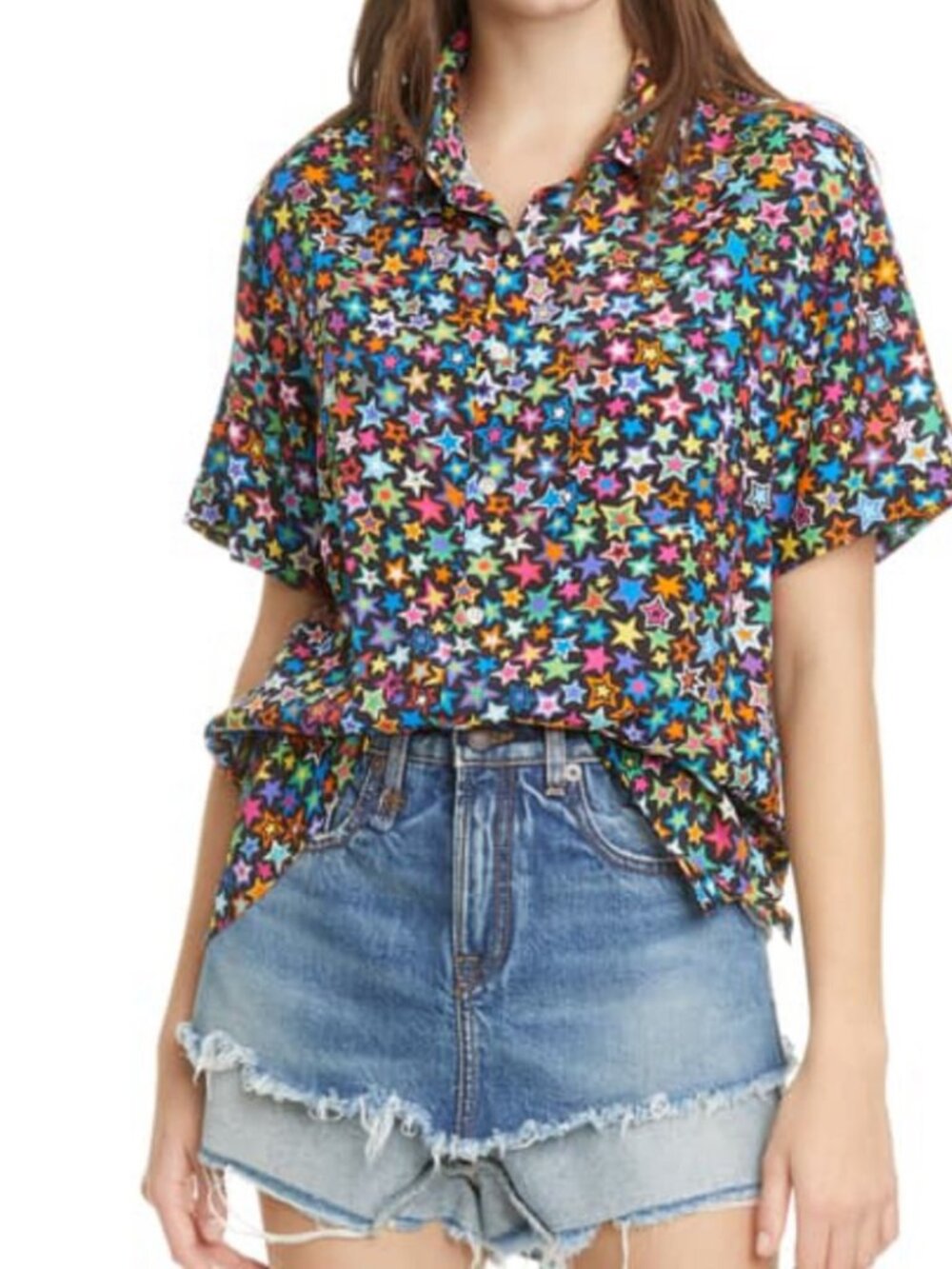 R13 Tony Multistar Shirt Button Down Crepe Short Sleeve Rainbow Luxe Grunge S